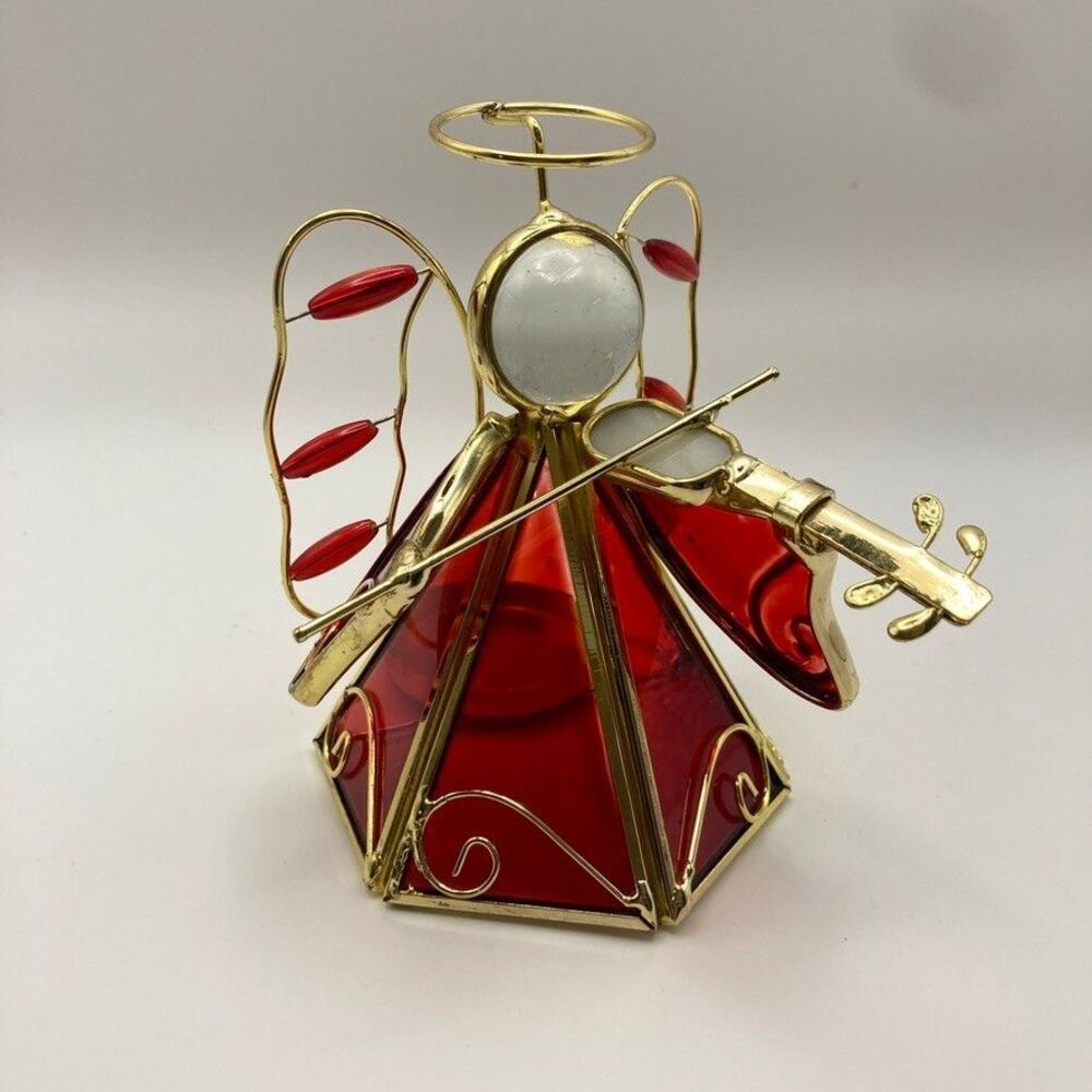 Vintage Stained Glass Tea Light Candle Holder Red/Gold Angel‎ Playing Violin